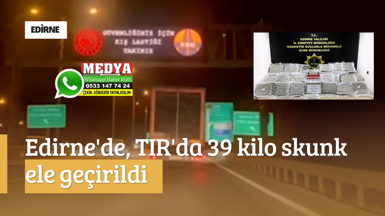 Edirne'de, TIR'da 39 kilo skunk ele geçirildi