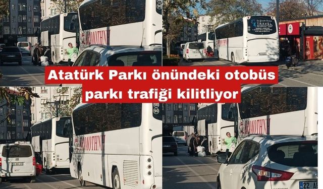 Atatürk Parkı önündeki otobüs parkı trafiği kilitliyor