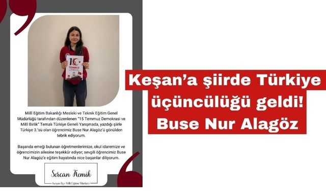 Keşan’a şiirde Türkiye üçüncülüğü geldi!