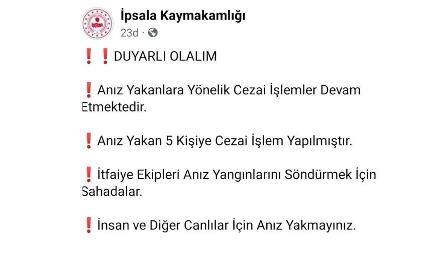 İpsala Kaymakamlığı’ndan anız yangınlarına karşı uyarı