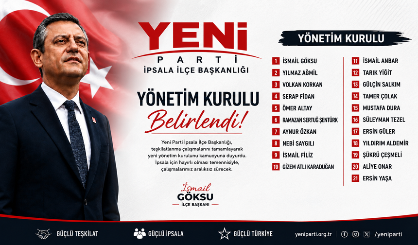 Yeni Parti İpsala İlçe Başkanlığı Yönetim Kurulu belirlendi