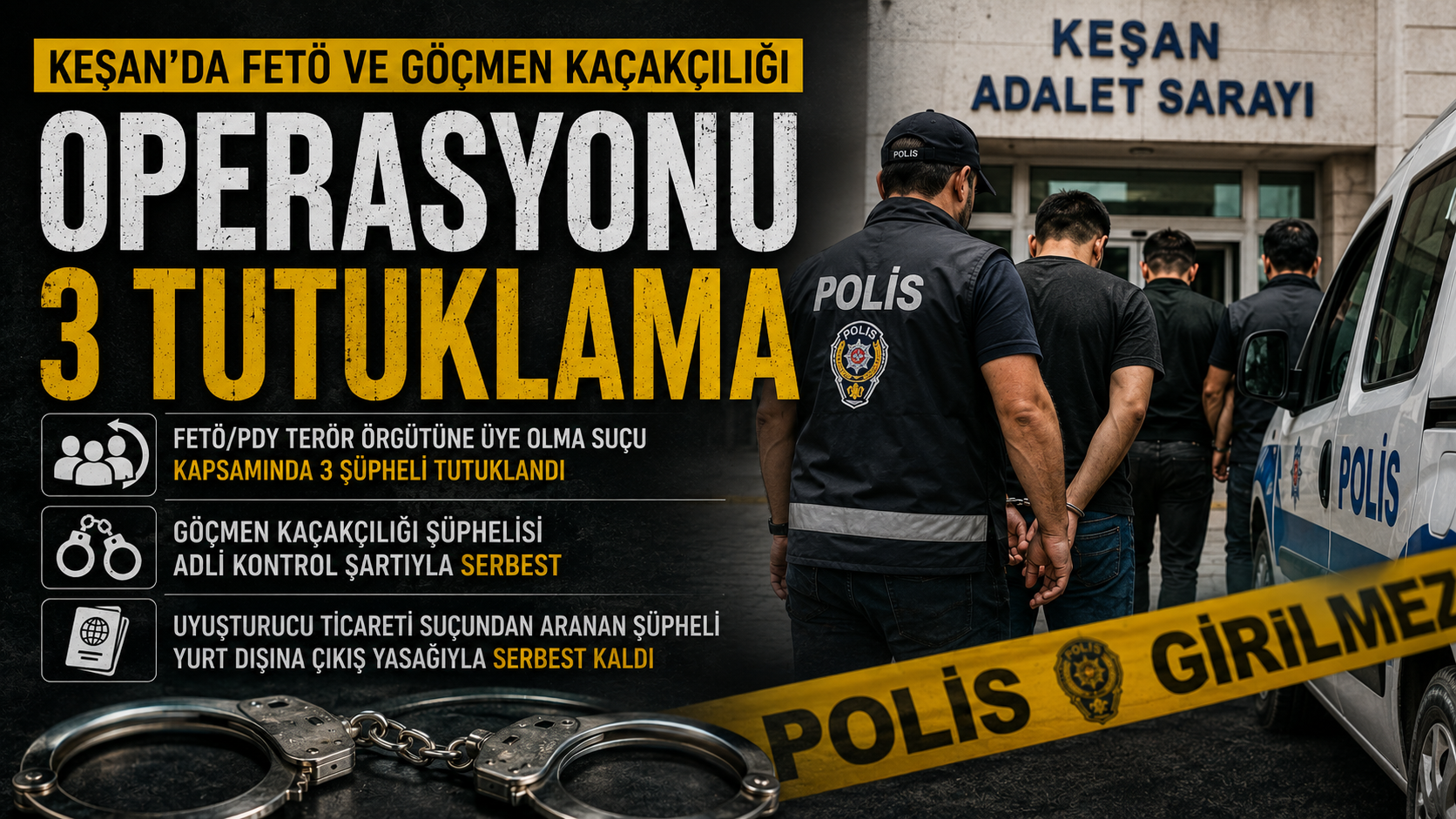 Keşan'da FETÖ ve göçmen kaçakçılığı operasyonu: 3 tutuklama